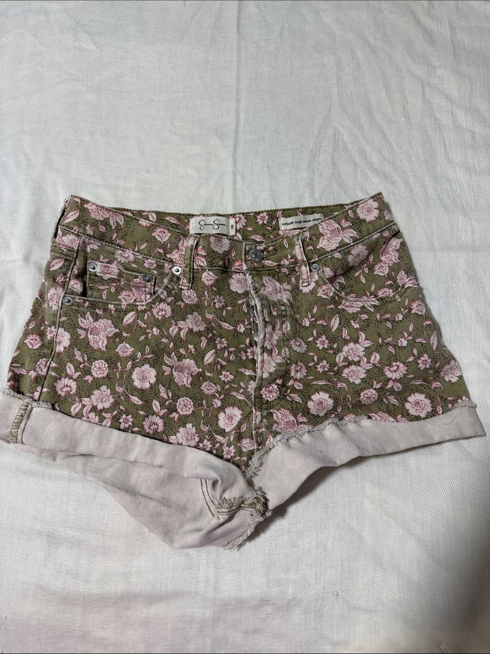 Jessica Simpson Olive Floral Denim Shorts with Pink Flowers